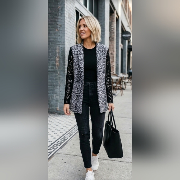 Leopard Print Gray Blazer with Sequined Black Sleeves - Picture 10 of 11